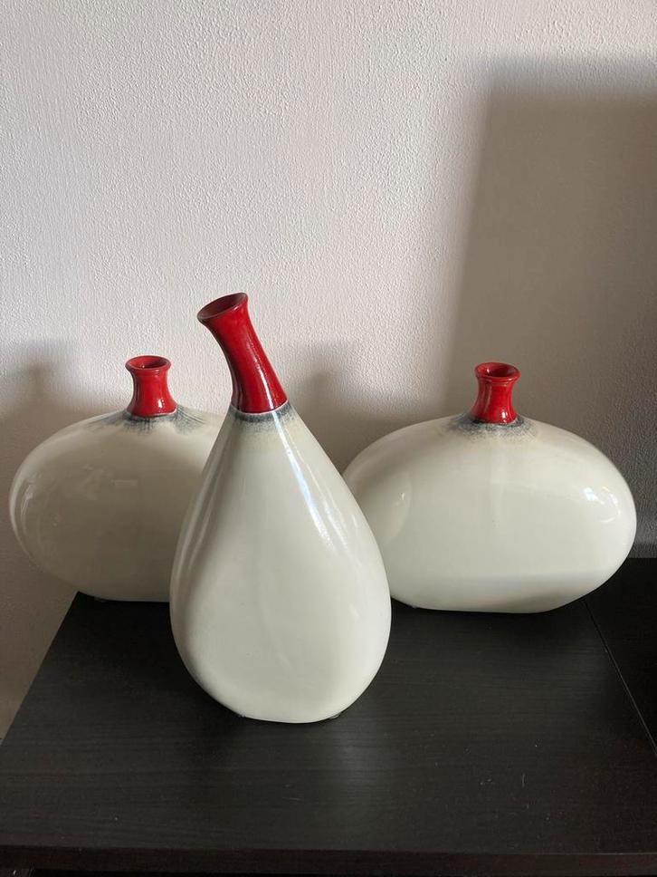 Set van 3 Aardewerk Vazen - Gebroken Wit/Rood, Huis en Inrichting, Woonaccessoires | Vazen, Zo goed als nieuw, Wit, Minder dan 50 cm