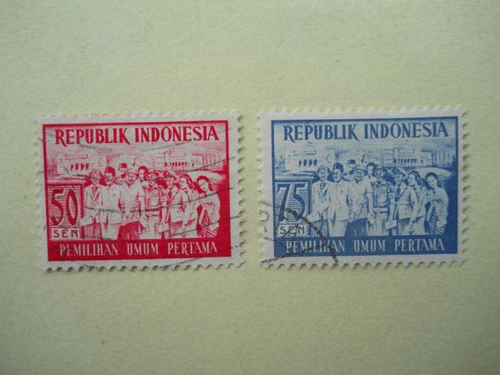 Indonesie 1955 Pemilihan Umum Pertama 15 + 75 Sen gestempeld, Postzegels en Munten, Postzegels | Azië, Gestempeld, Zuidoost-Azië