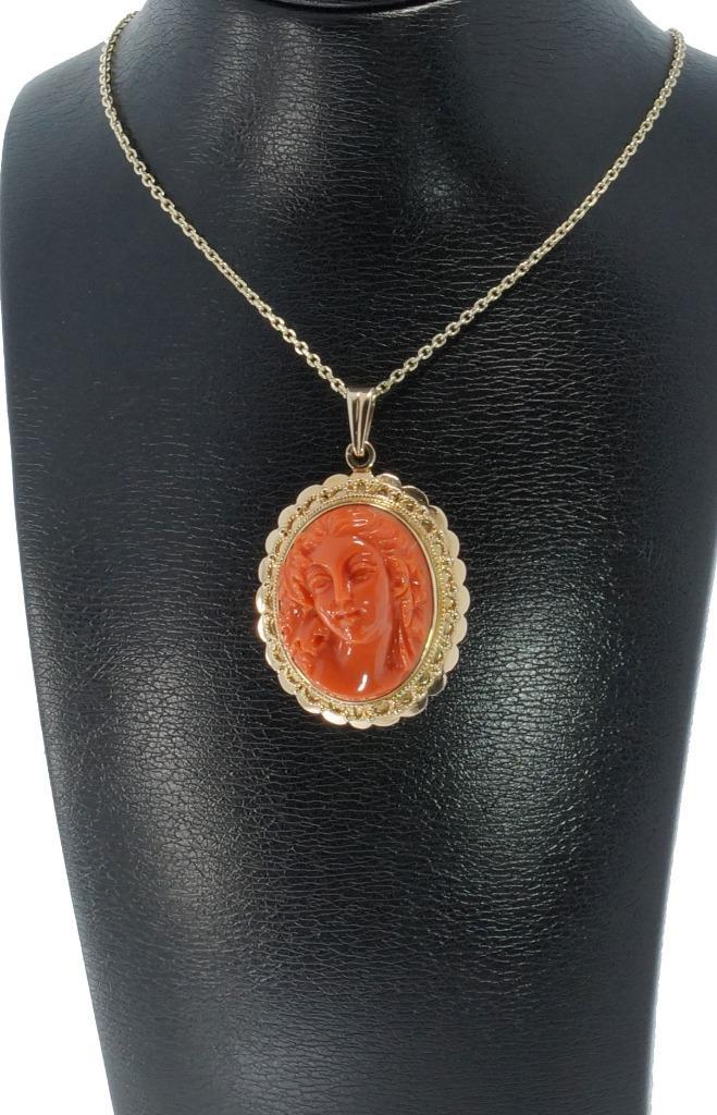 Camee bloedkoraal fraaie 14k gouden grote ketting hanger, Sieraden, Tassen en Uiterlijk, Antieke sieraden, Hanger, Goud, Met edelsteen