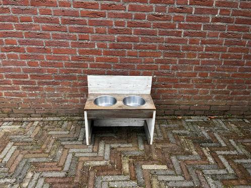 Stijlvolle houten hondenvoederbak met dubbele RVS bakken, Dieren en Toebehoren, Hondenvoerbakken en Drinkbakken, Gebruikt, Ophalen