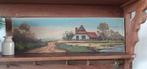 Fraai langwerpig olieverf schilderij boeren landschap 59x18, Antiek en Kunst, Ophalen of Verzenden