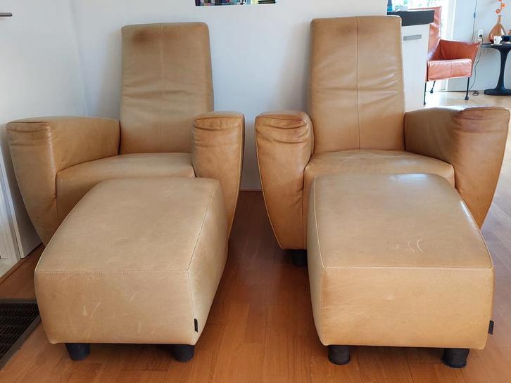 Label Longa Fauteuils (2stuks) in Buffalo leder., Huis en Inrichting, Fauteuils, Gebruikt, Hout, Leer, 75 tot 100 cm, 75 tot 100 cm