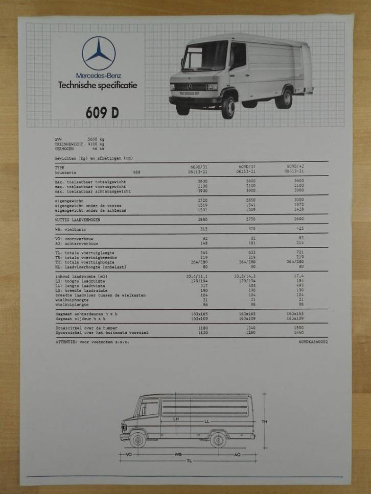Mercedes 609D Technische Specificatie folder ca 1987 BG – 60, Boeken, Auto's | Folders en Tijdschriften, Zo goed als nieuw, Mercedes