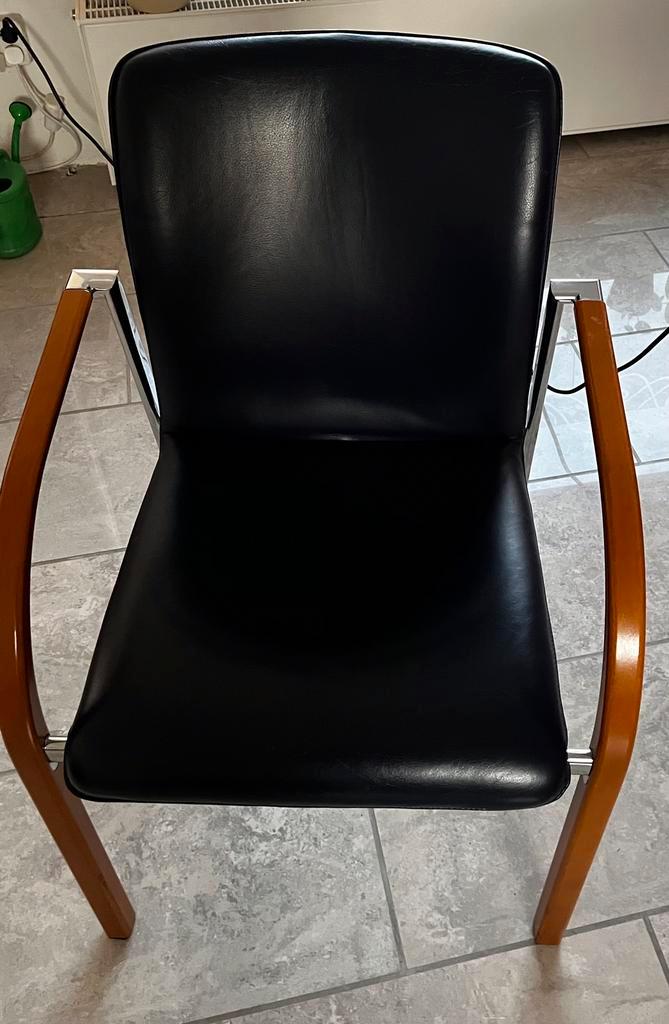 6 x Leolux Cimaronne eetkamerstoelen, Huis en Inrichting, Stoelen, Gebruikt, Vijf, Zes of meer stoelen, Hout, Leer, Blauw, Ophalen of Verzenden