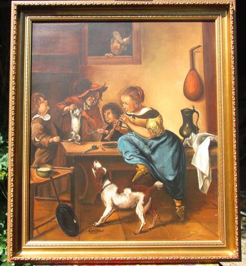 Schilderij “Kinderen leren een poes dansen” Naar Jan Steen, Antiek en Kunst, Kunst | Schilderijen | Klassiek, Ophalen of Verzenden