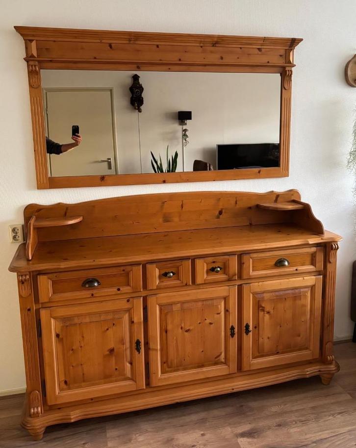 Grenen dressoir met spiegel - geloogd, Huis en Inrichting, Kasten | Dressoirs, Gebruikt, 150 tot 200 cm, 25 tot 50 cm, Met lade(s)