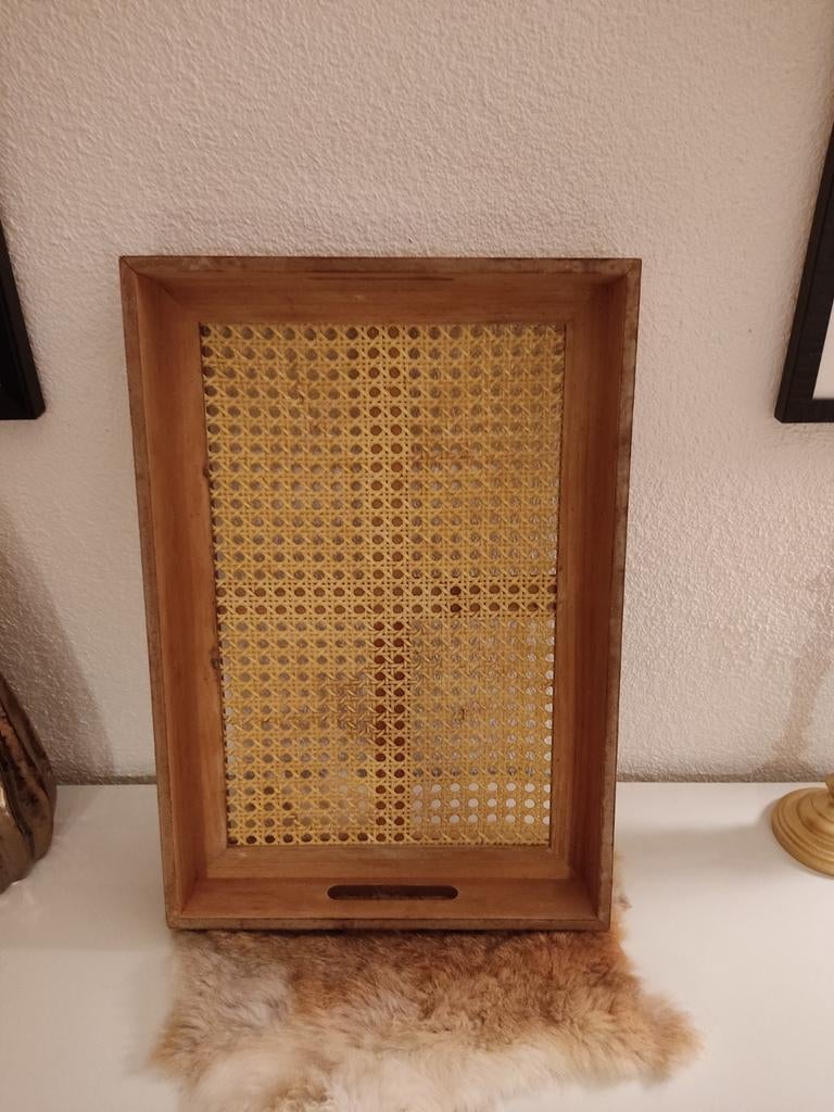 Houten dienblad met rieten inleg, Ophalen of Verzenden, Gebruikt, Rechthoekig, Hout