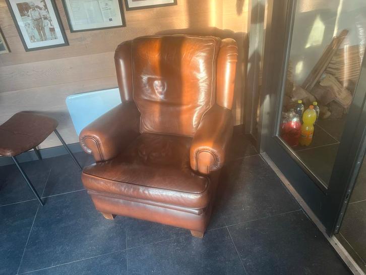 Schapenleren fauteuil, Huis en Inrichting, Fauteuils, Gebruikt, Leer, 75 tot 100 cm, Ophalen