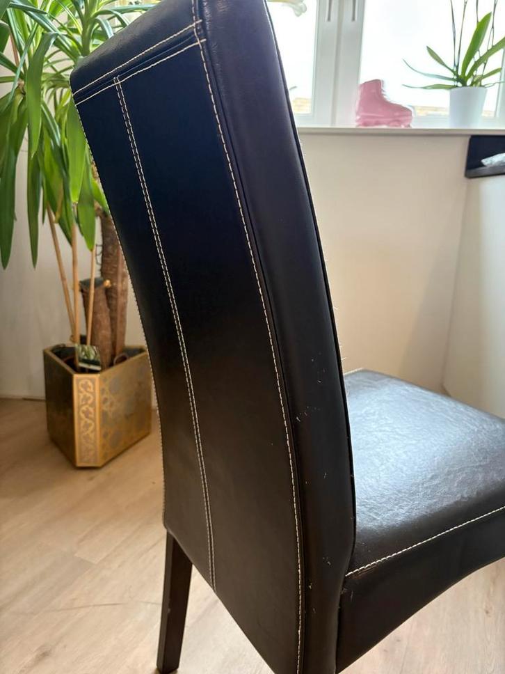 4 Donkerbruine leren eetkamerstoelen met hoge leuning, Huis en Inrichting, Stoelen, Gebruikt, Vier, Leer, Bruin, Ophalen