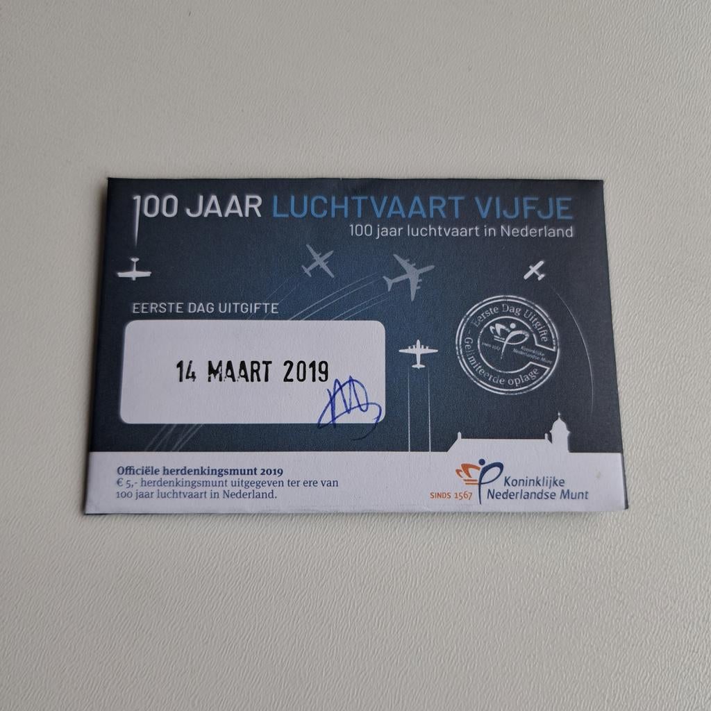 100 Jaar Luchtvaart Vijfje Coincard 2019 eerste dag uitgifte, Ophalen of Verzenden, Euro's, Losse munt