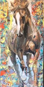 Kleurrijke paard- Katoenen canvasdoek- Mixed Media-120x60cm, Ophalen of Verzenden, Nieuw, Schilderij