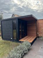 Luxe Thermowood buitensauna met luifel en vlonder. Tuinsauna, Ophalen of Verzenden, Nieuw, Fins of Traditioneel, Complete sauna