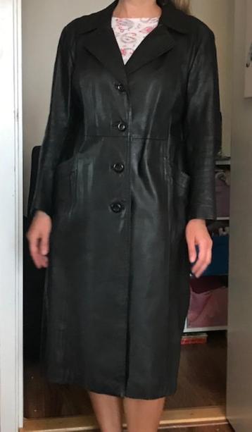 Lange zwarte leren mantel jas trenchcoat maat 40