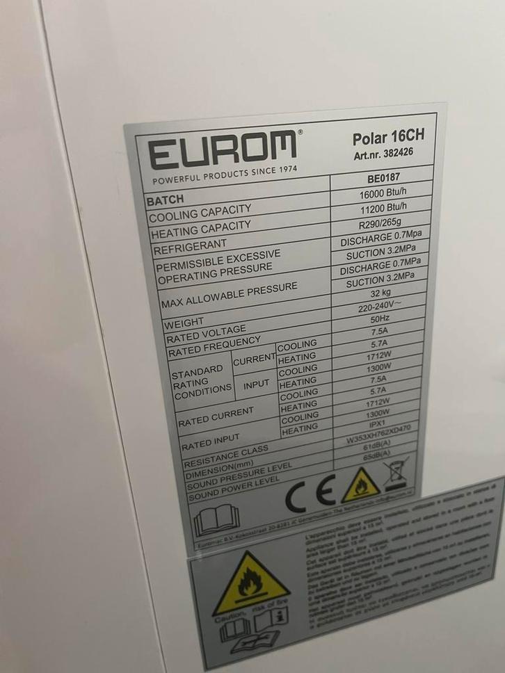 Mobiele Airco Eurom Polar 16CH - nieuw!, Witgoed en Apparatuur, Airco's, Zo goed als nieuw, Mobiele airco, 60 tot 100 m³, 3 snelheden of meer