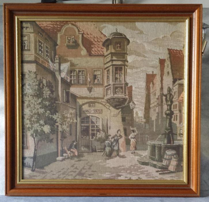 Stadsgezicht anno 1302 in mooie lijst [4621]  [AnCuCu], Antiek en Kunst, Curiosa en Brocante, Ophalen of Verzenden