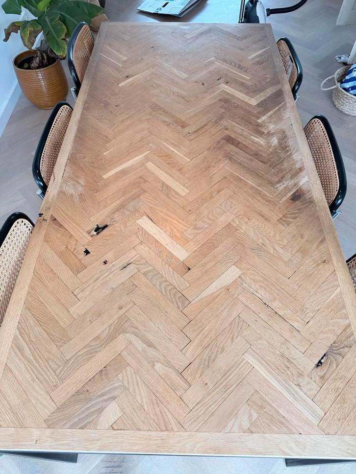 Eiken visgraat tafel met stalen frame - 195x90 cm, Huis en Inrichting, Tafels | Eettafels, Gebruikt, 50 tot 100 cm, 150 tot 200 cm