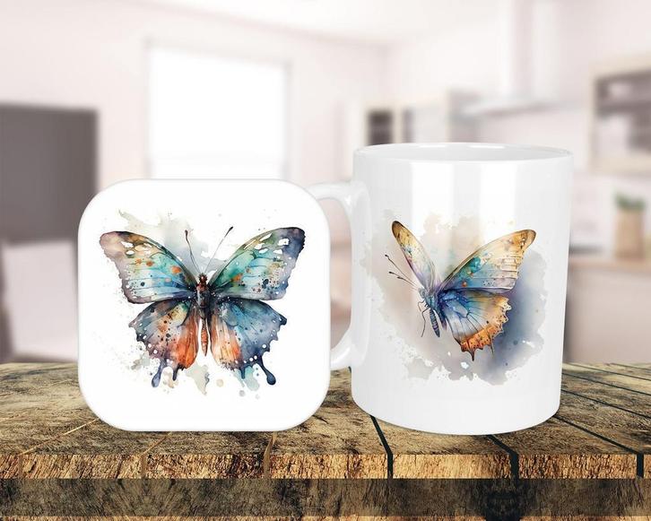 Vlinders Set onderzetter + mok, Huis en Inrichting, Keuken | Servies, Nieuw, Kop(pen) en/of Schotel(s), Overige stijlen, Ophalen of Verzenden