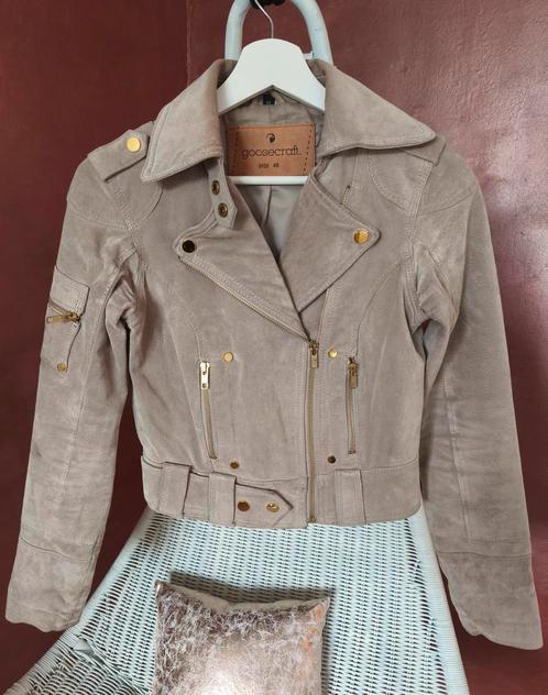 Goosecraft - Beige suède echt leer biker jasje - mt xs, Kleding | Dames, Jassen | Zomer, Gedragen, Maat 34 (XS) of kleiner, Beige