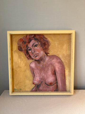 Vintage schilderij ‘SHE’ op hout & houten lijst 43x43cm beschikbaar voor biedingen
