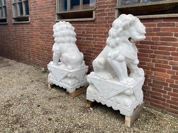 Exclusief! Koppel wit marmeren, Chinese Tempel leeuwen!, Tuin en Terras, Tuinbeelden, Gebruikt, Ophalen