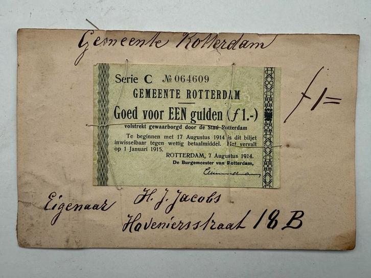 Gemeente Rotterdam 1 Gulden 1914 bankbiljet, Postzegels en Munten, Bankbiljetten | Nederland, Los biljet, 1 gulden, Ophalen of Verzenden
