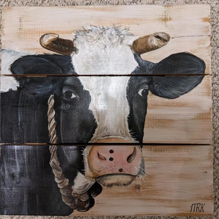 Schilderij koe op houten panelen door Marsha Roo-Kist, Huis en Inrichting, Woonaccessoires | Schilderijen, Tekeningen en Foto's
