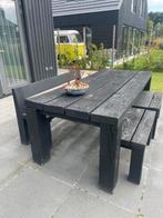 Tuinset: eikenhouten tafel met 2 bankjes en 1 grote bank, Tuin en Terras, Ophalen, 5 zitplaatsen, Gebruikt, Bank