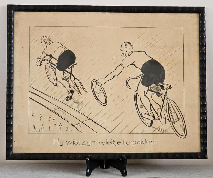 Antieke sporttekeningen in originele houten lijst- Set van 5, Antiek en Kunst, Kunst | Tekeningen en Foto's, Ophalen