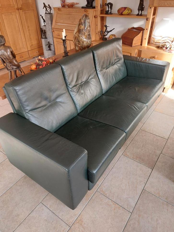 Groene leren 3-zits bank New Sity in Voorschoten, Huis en Inrichting, Banken | Bankstellen, Gebruikt, 200 tot 250 cm, 75 tot 100 cm