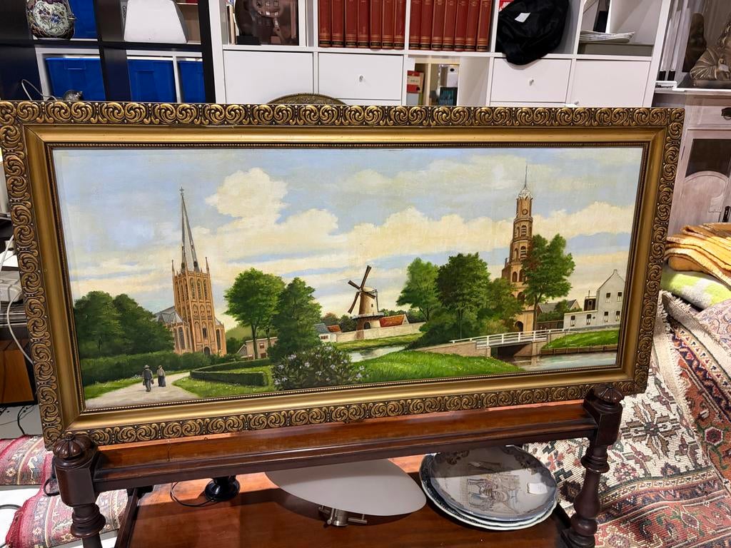 Schilderij met Hollands landschap en kerken, Ophalen of Verzenden