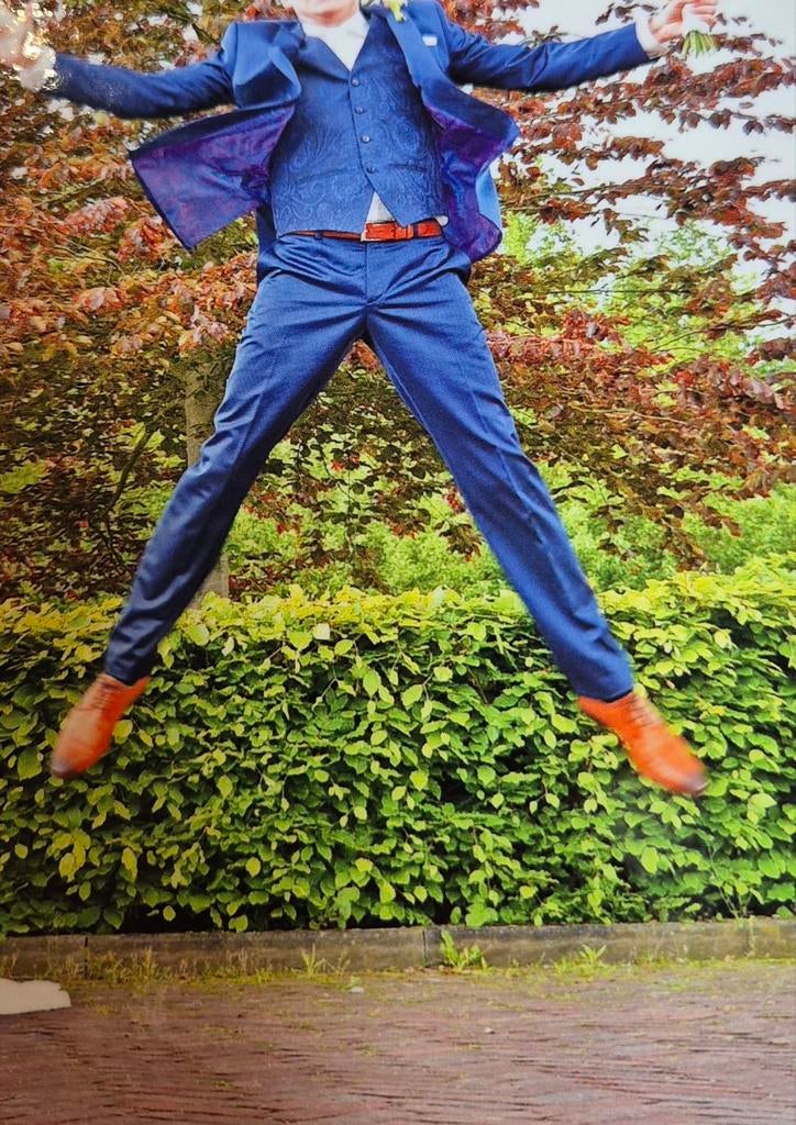 Mooi blauw heren trouwpak., Ophalen of Verzenden, Gedragen, Onbekend, Trouwpak