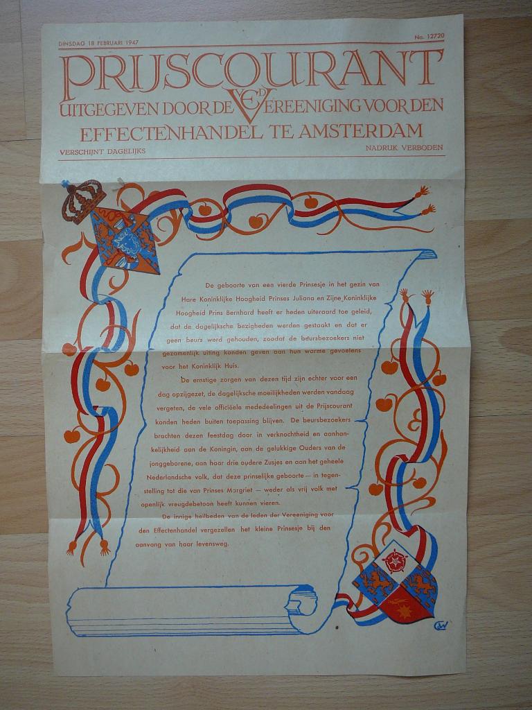 prijscourant, 18 februari 1947, geboorte vierde prinsesje, Verzamelen, Koninklijk Huis en Royalty, Ophalen of Verzenden, Overige typen