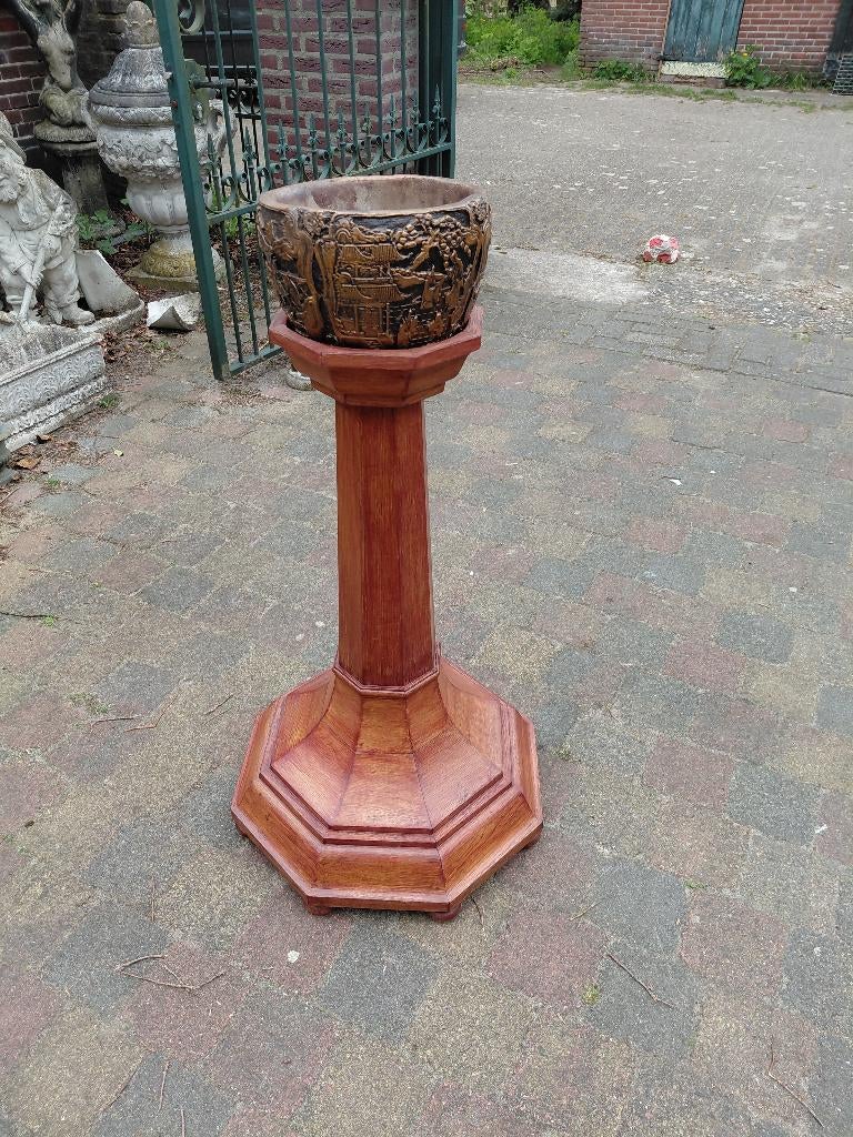 Antieke eiken piedestal met Chinese pot., Antiek en Kunst, Antiek | Woonaccessoires, Ophalen