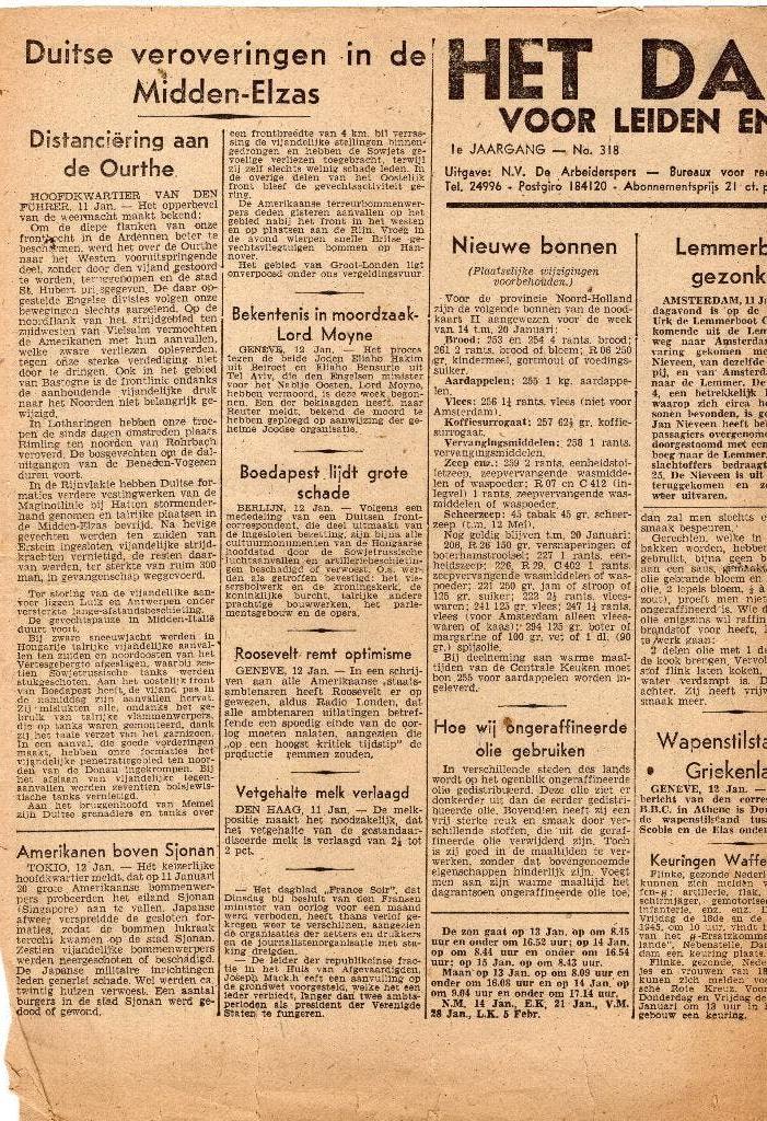 Het Dagblad Voor Leiden en omstreken.Zaterdag13 januari 45, Verzamelen, Tijdschriften, Kranten en Knipsels, Ophalen of Verzenden