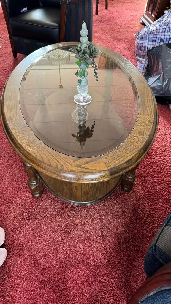 Ronde salontafel met glazen blad, Ophalen, Gebruikt, Rond, Overige houtsoorten