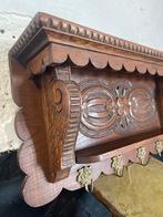 Vintage antieke kapstok wandrek messing haken houtsnijwerk, Ophalen of Verzenden