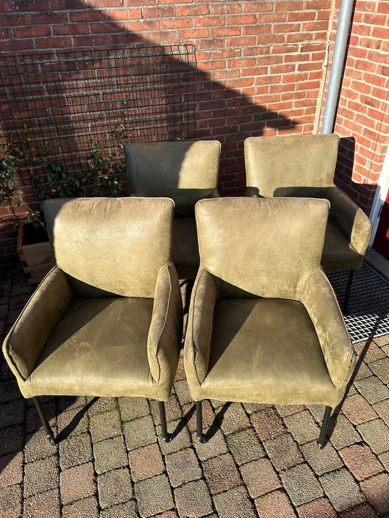 Mosgroene nubuck rolbare eetkamerstoelen, Huis en Inrichting, Stoelen, Ophalen, Overige kleuren, Leer, Zo goed als nieuw