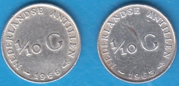Nederlandse Antillen 1/10 gulden 1963 en 1966 Juliana zilver, Postzegels en Munten, Munten | Nederland, Koningin Juliana, Setje