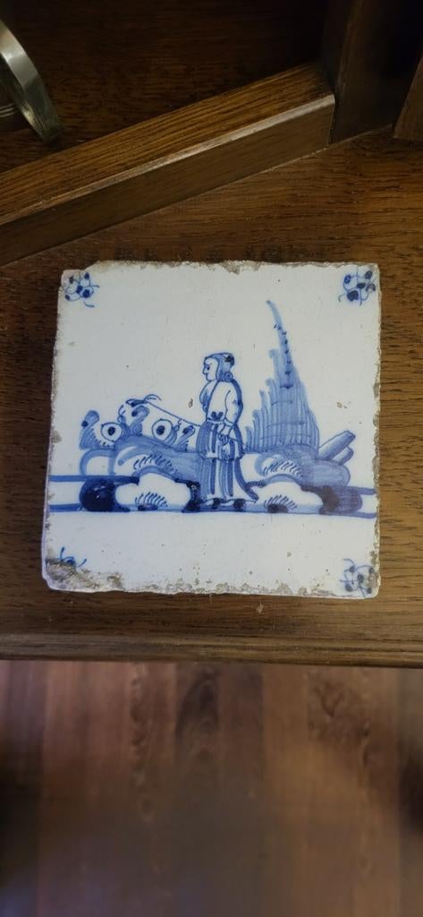 Antieke Delfts Blauwe Tegel met Herder en Vee, Ophalen