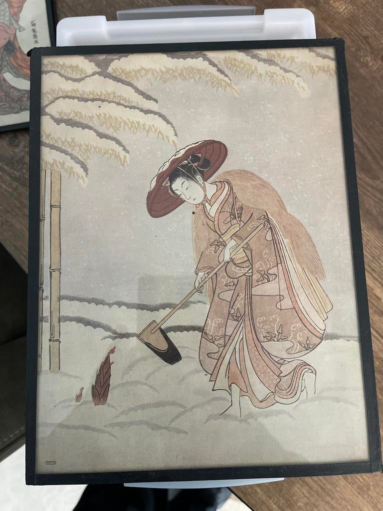 Japanse tekening Print: Vrouw in Sneeuw met Bamboe, Antiek en Kunst, Ophalen of Verzenden