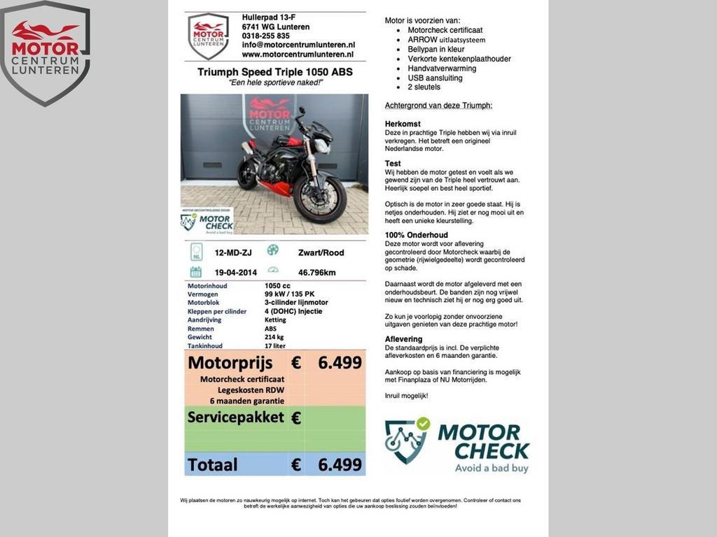 TRIUMPH SPEED TRIPLE 1050 ABS, Motorrijbewijs A, Bedrijf, 1050 cc, Meer dan 35 kW