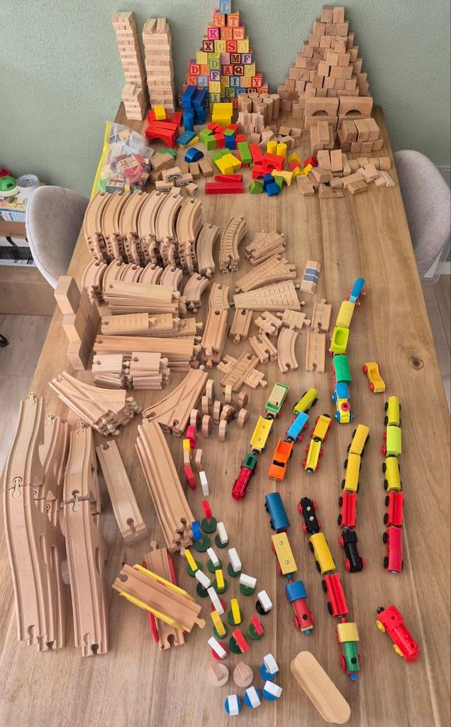 Grote set houten treinbaan, blokken en bouwstenen, Ophalen, Gebruikt, Overige merken