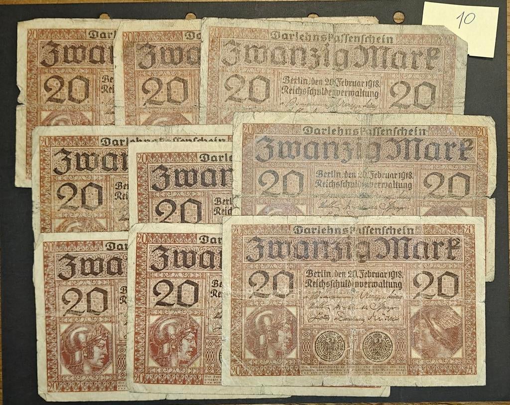 WO1 set: 9x Darlehnskassenschein 20 Mark 1918, Postzegels en Munten, Bankbiljetten | Europa | Niet-Eurobiljetten, Ophalen of Verzenden