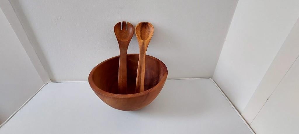 Vintage Houten (Sla) Schaal kom bak met couvert 14 x 25 cm, Huis en Inrichting, Keuken | Potten en Pannen, Overige materialen