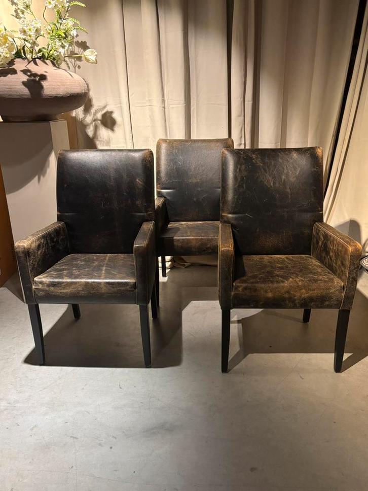 3 Eetkamerstoelen met leuning Merk Rofra Geschuurd leer, Huis en Inrichting, Stoelen, Gebruikt, Drie, Leer, Zwart, Ophalen of Verzenden