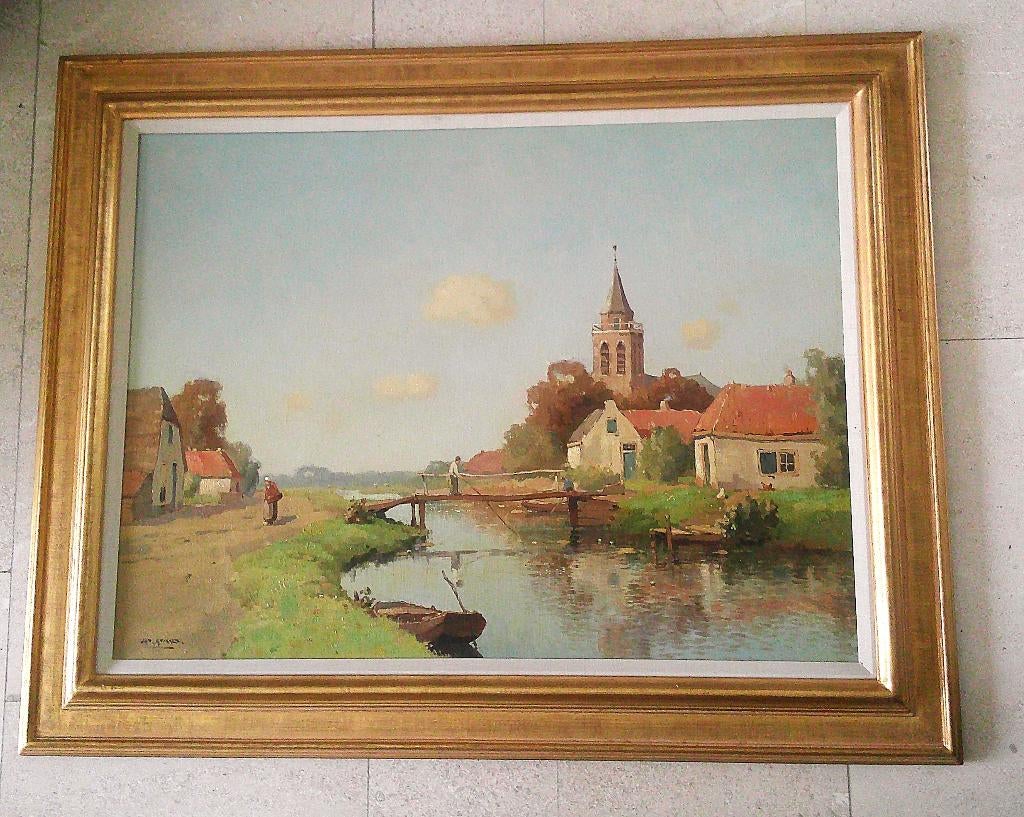 Dorp aan vaart met visser 1933 - Jan Knikker 1889-1957
