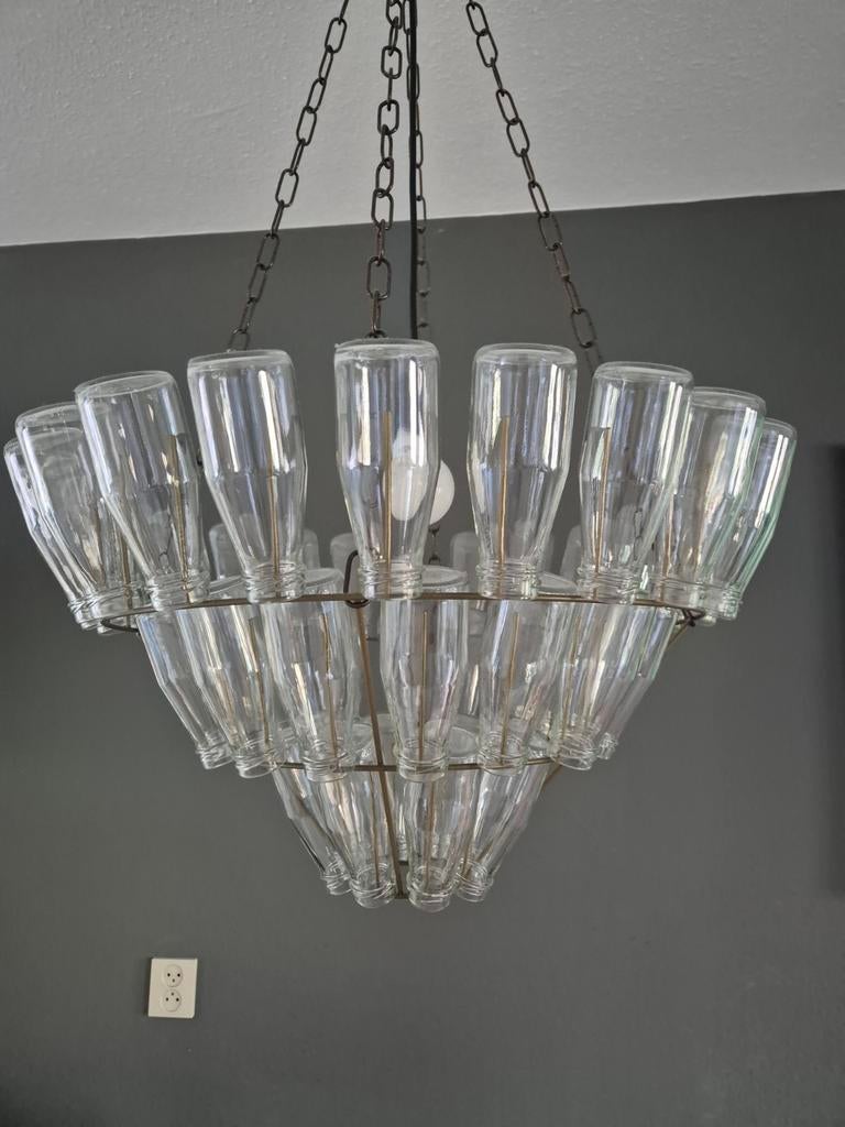 Unieke hanglamp van melkflesjes - mist 1 flesje, Ophalen, Gebruikt, 50 tot 75 cm, Upcycled, industrieel, uniek
