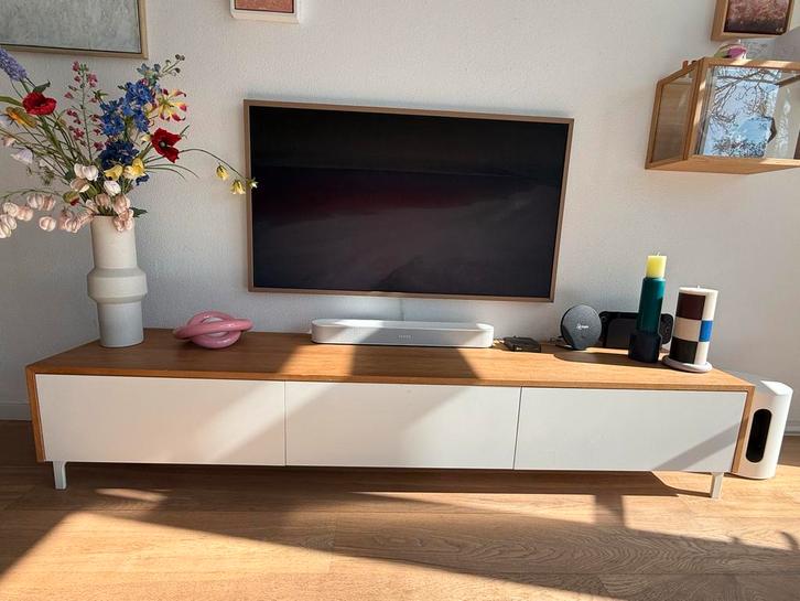 Tv meubel wit met eiken, Huis en Inrichting, Kasten | Televisiemeubels, Gebruikt, Minder dan 100 cm, 150 tot 200 cm, 25 tot 50 cm