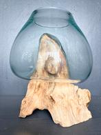 Unieke glazen vaas op houtstronk - 25 cm hoog, Gebruikt, Overige kleuren, Ophalen of Verzenden, Glas