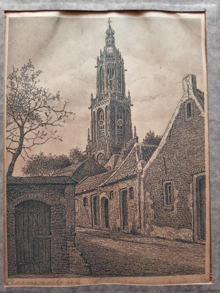 Cunerakerk Toren in Rhenen ets, Antiek en Kunst, Kunst | Etsen en Gravures, Ophalen of Verzenden